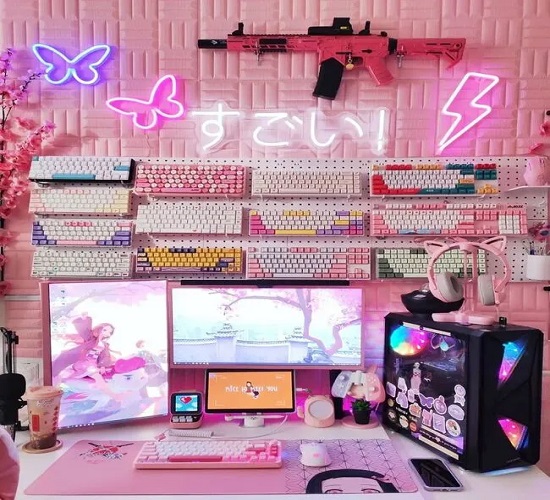 Keyboard Themed Pink Gaming Setup
