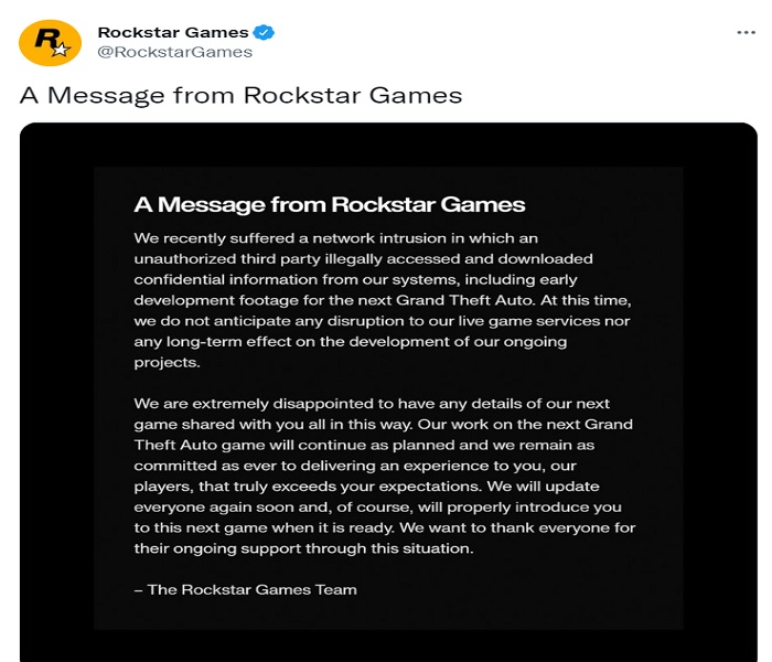 Rockstars message regarding the GTA 6 Leak