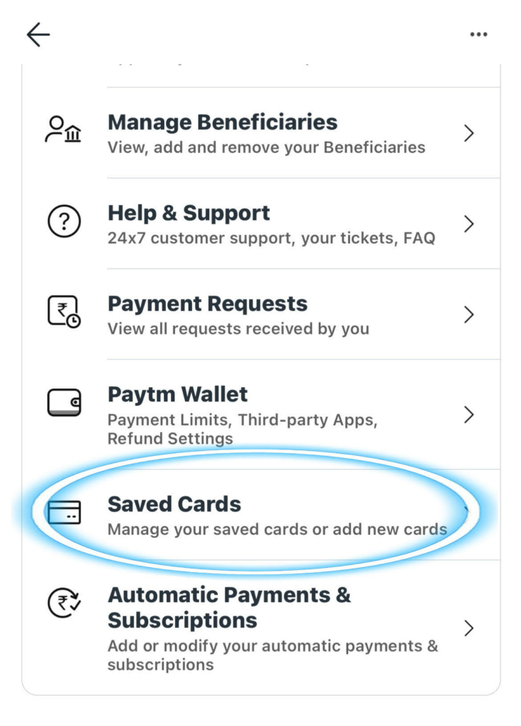 Paytm Saved Cards Option