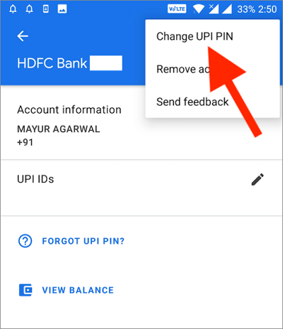 Google Pay Change UPI Pin