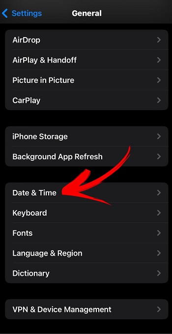 Accessing Date & Time Settings iOS