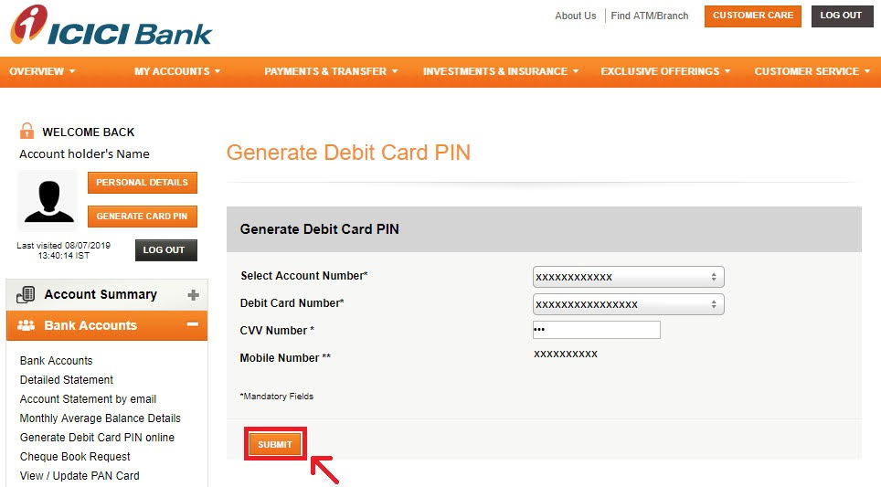Generate Credit Card PIN ICICI Steps